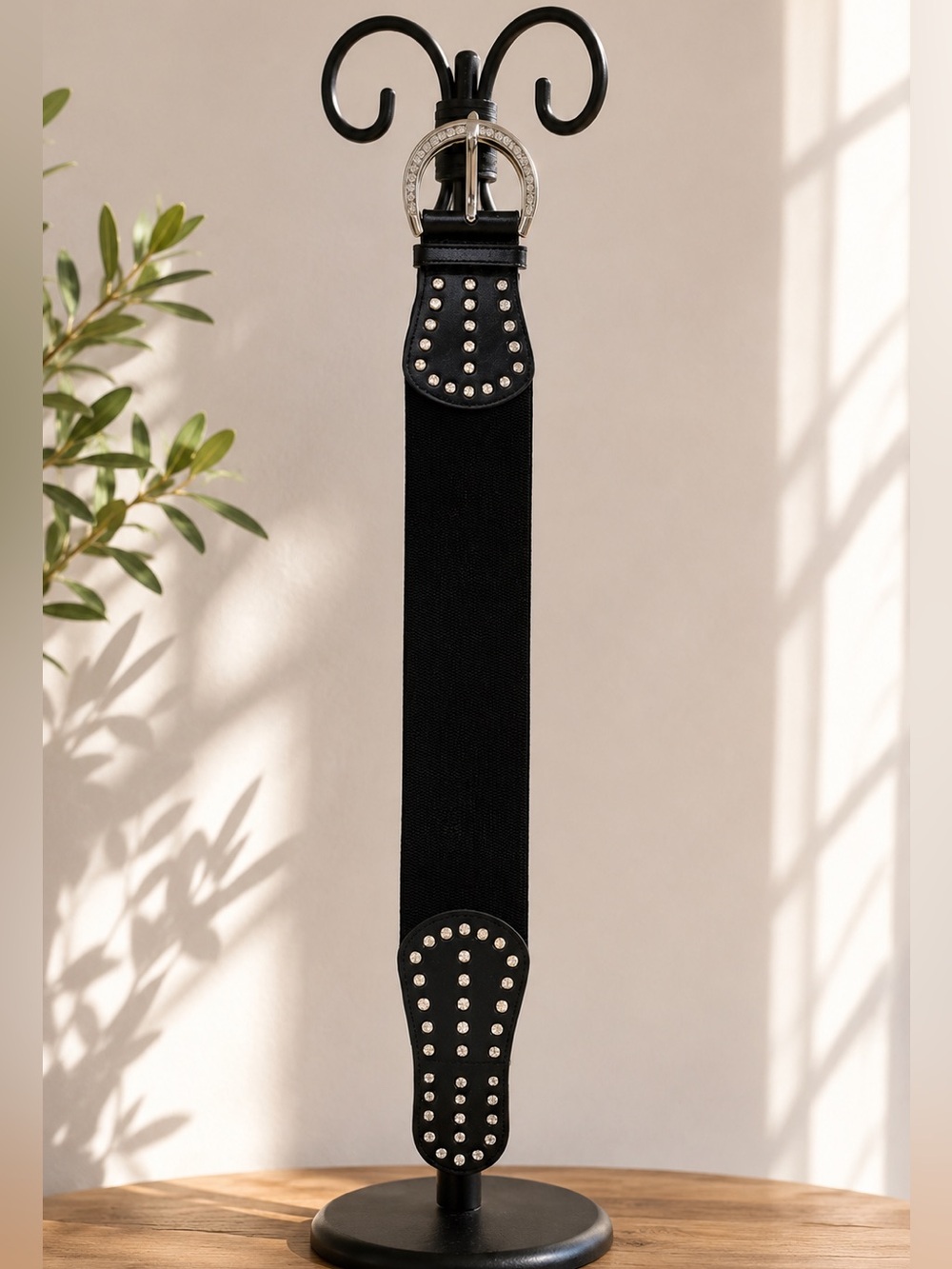 Black Rhinestone Studded Stretch Belt Western Glam Horseshoe Buckle